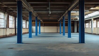 Spacious Warehouse Interior with Blue Support Columns and Natural Light