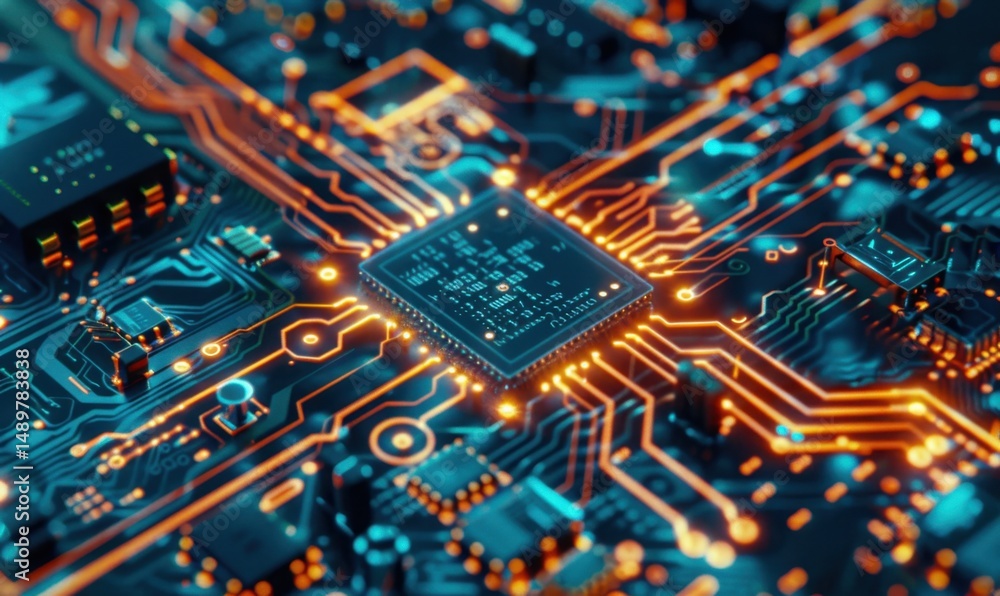 Poster close-up of glowing cpu on circuit board; technology background, for tech articles