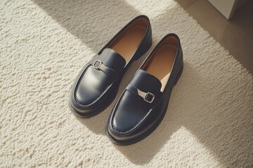 Pair of dark blue leather loafers on a beige rug.