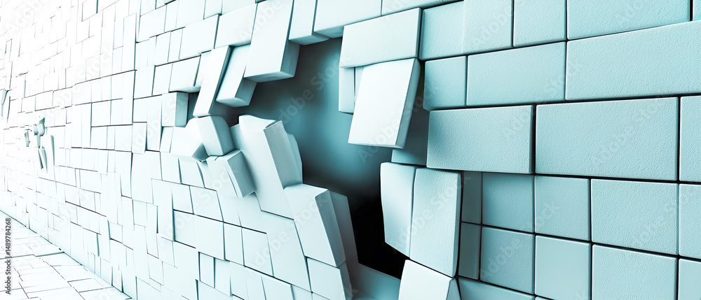 Fototapete a rendered abstract 3d wall featuring a hole and blocks in monochromatic light blue color