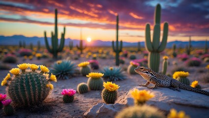 Lizard Resting on Rock in Desert Landscape at Colorful Sunset