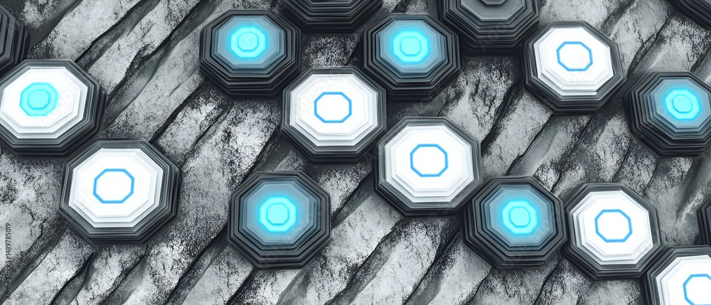 Poster abstract futuristic design featuring glowing blue lights embedded in a geometric hexagon pattern on 