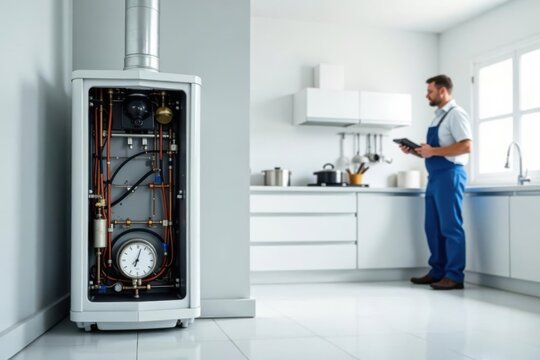 A technician reviews a digital device while a home appliance is shown with its internal components exposed in a modern kitchen