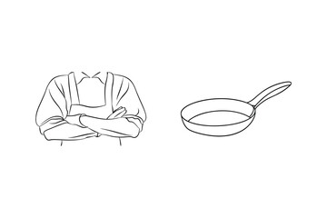 Minimalist outline of a chef with crossed arms next to a frying pan white background