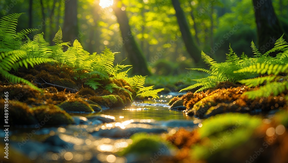 Poster flowing creek through forest with ferns and sunlight filtering through trees