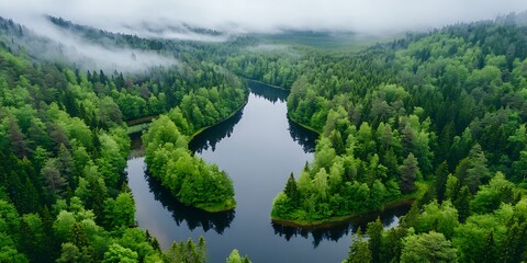 Fototapeta premium Serene river flowing through lush forest aerial view nature photography tranquil environment