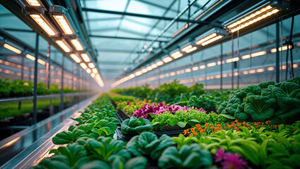 Lush interior view of a greenhouse filled with thriving plants illuminated by bright lights.