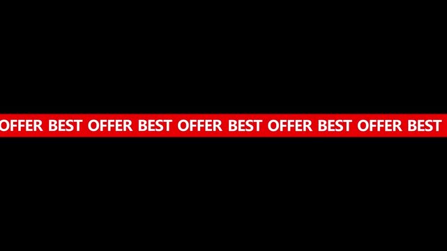 Red best offer alert banner ticker with looping infinite horizontal text scrolling isolated on black background.