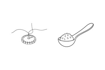 Compass and spoon black line art conceptual illustration of navigation and nourishment