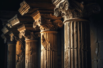 Close-up shot of weathered classical columns showcasing intricate architectural details beautifully.