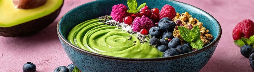 Obraz premium Healthy smoothie bowl with yogurt and organic berries dessert concept. Healthy smoothie bowl garnished with fresh berries and nuts.