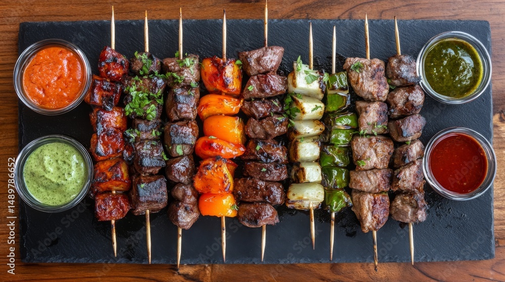 Poster a top-down view of yakitori skewers served on a black slate plate, accompanied by colorful dipping s