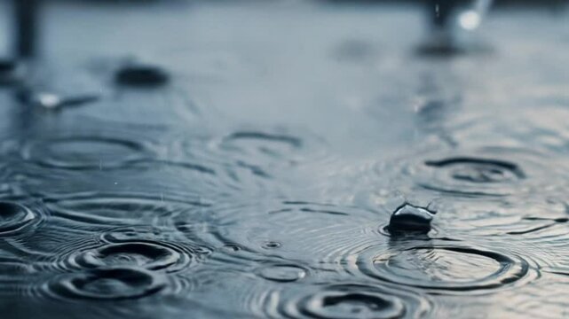 Rain falling on a water surface creating ripples and splashes  