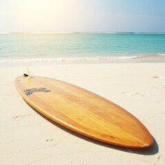 Wooden Surfboard on Sandy Beach Under Bright Sunlight