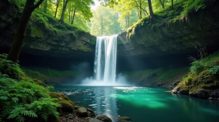 Serene Waterfall Cascading into Emerald Pool Surrounded by Lush Greenery and Ancient Trees
