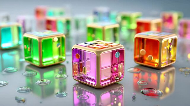 Colorful transparent cubes reflecting light on a smooth surface.