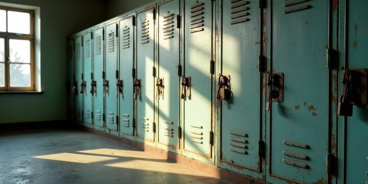 Sunlit Row of Vintage Metal Lockers with Rusty Hardware and Patina - Powered by Adobe
