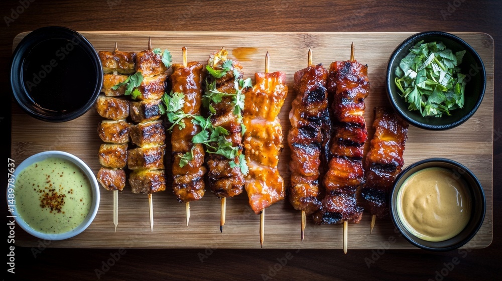 Poster a vibrant shot of yakitori skewers arranged in a fan shape on a wooden board, garnished with fresh h
