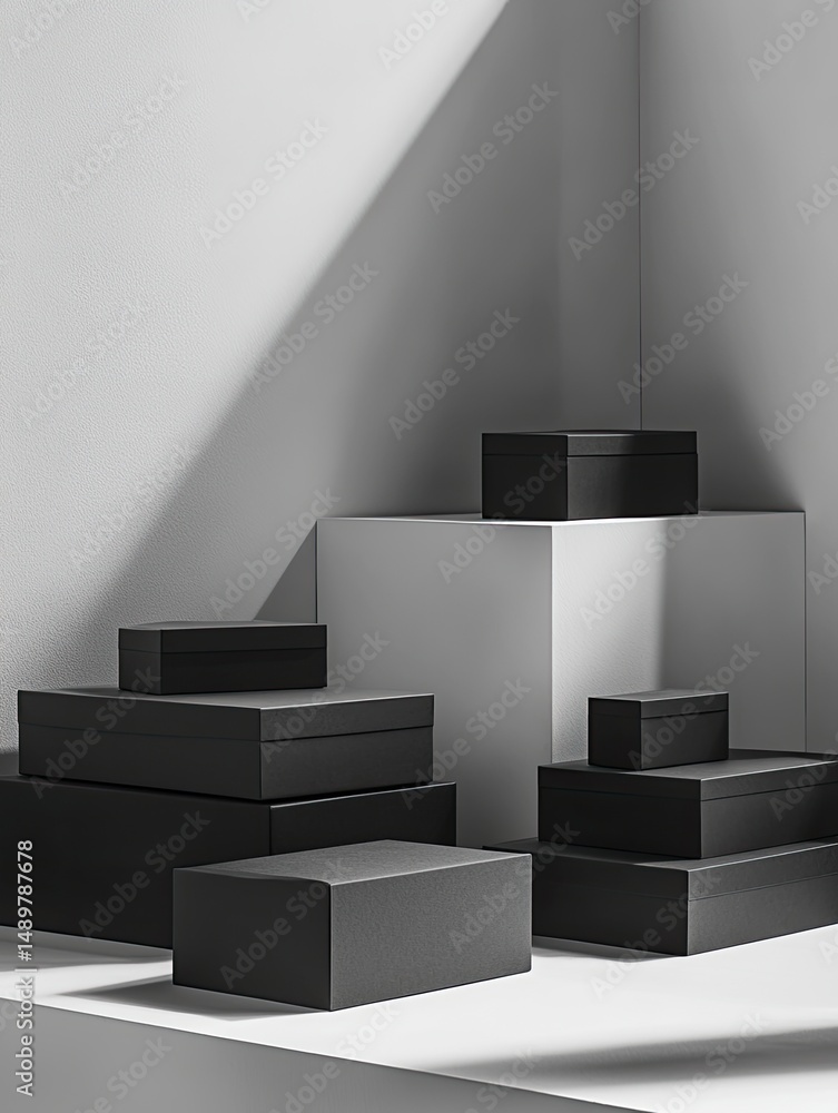 Poster minimalist grayscale still life of various sized matte black rectangular boxes stacked on white cubo