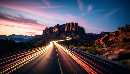 Long exposure shot of a winding desert road with light trails leading towards majestic red rock formations and a vibrant sunset sky