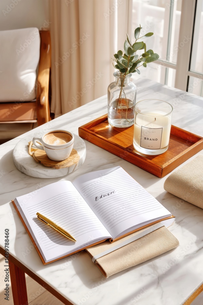 Poster open notebook with coffee and candle creating a cozy workspace setting