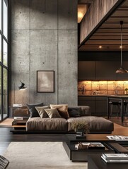 A modern living space features industrial inspired contemporary architecture