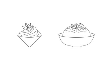 Simple black and white outline illustrations of two delicious desserts on a white background