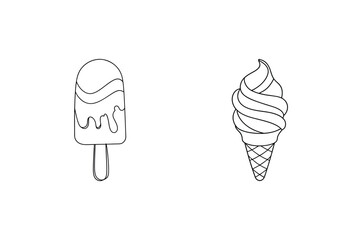 Simple black and white line art illustrations of ice cream cone and popsicle treats