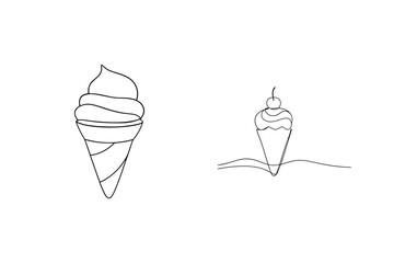 Minimalist black line art ice cream cones with cherry dessert on white background