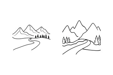 Fototapeta premium Minimalist black and white landscape illustration featuring mountains and winding road designs