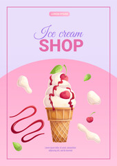 Bright design of an ice cream shop flyer. A waffle cup of ice cream with cherries. The concept of summer, sweets. A4 vector illustration for posters, banners and advertisements