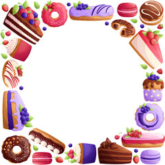 Obraz premium A set of delicious desserts in the form of a frame on a white background. The concept of confectionery, bakery and cooking. Vector illustrations for posters, banners, flyers and covers
