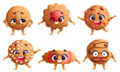 A set of cute smiling characters from various cookies. The concept of a children's party, bakery. Isolated vector illustration for the design of postcards, invitations, posters, banners