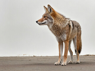 A full-body image of a coyote standing in side profile
