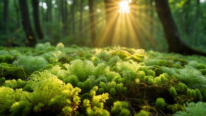 Sunlight Streaming Through Forest Canopy Illuminating Mossy Ground Scene