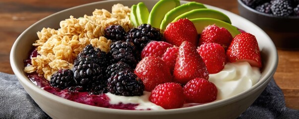 Healthy smoothie bowl with granola and creamy yogurt concept. Delicious bowl of yogurt topped with fresh berries and granola.