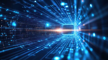 Digital data stream, futuristic tunnel, glowing core, technology background, website banner