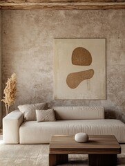 A modern interior featuring sofa and artwork and objects