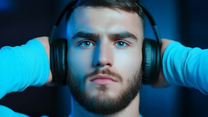 Young adult male with headphones, enjoying music Focus on sound quality and relaxation Close-up portrait