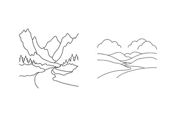 Hand drawn line art illustrations of scenic mountain and valley landscapes on white background