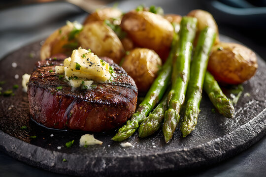 filet mignon, Beef tenderloin steak plated with garlic butter drizzle, roasted baby potatoes, and charred asparagus on a dark stone plate