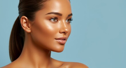 Fototapeta premium Portrait of a Young Woman with Glowing Tan Skin and Minimal Makeup