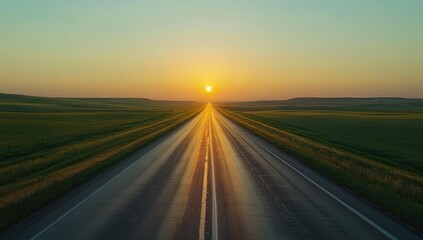 Empty road stretching into a golden sunrise over a grassy plain