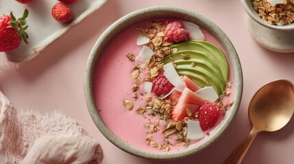 Healthy smoothie bowl with yogurt and organic berries dessert concept. Delicious smoothie bowl topped with fresh fruits and granola.