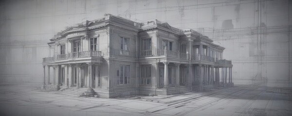 Obraz premium Architectural blueprint overlay on faded photo, creative visualization of building project , photo, draft