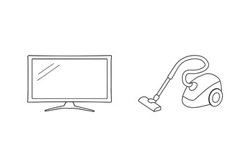 Outlined illustration of television and vacuum cleaner representing home appliances and cleaning