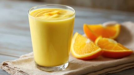 Refreshing Orange Smoothie in a Glass with Fresh Orange Slices on Wooden Table