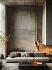 Modern minimalist room featuring concrete wall and hanging lights