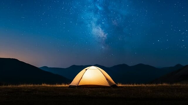 A glowing tent under a starry night sky, perfect for camping adventures and stargazing enthusiasts