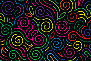 A vibrant vector background features swirling, colorful doodle lines creating a lively, playful pattern full of motion, energy, and creative artistic expression.

